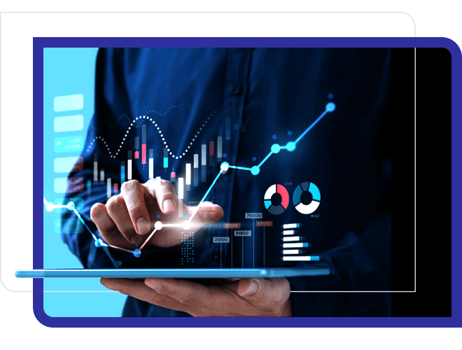 hand typing on a digital screen, blue background