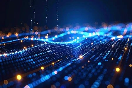 Light streaks on dark blue background representing data movement