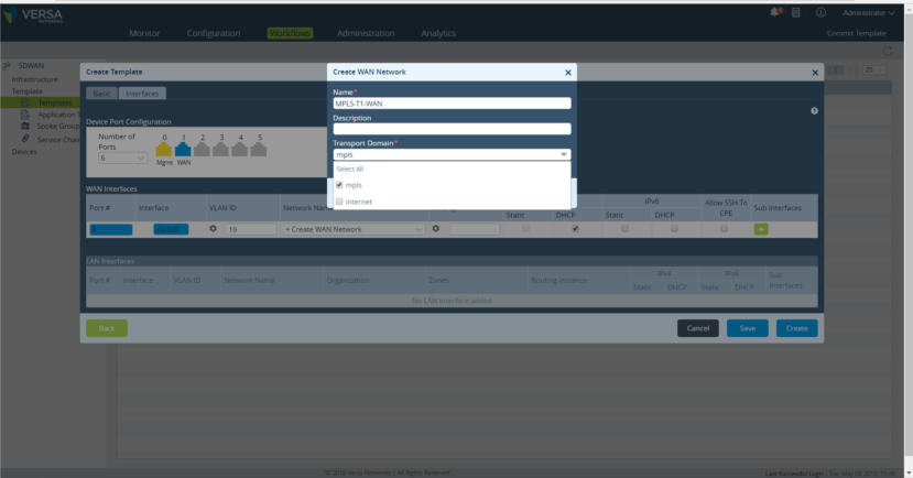 Name the WAN Network and select a transport domain