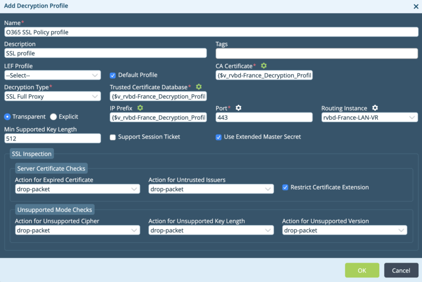 SSL profile setting for the branch