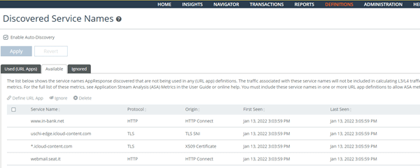 The AppResponse ASA Discover Service Names feature identifies critical internal web apps for monitoring and analysis.